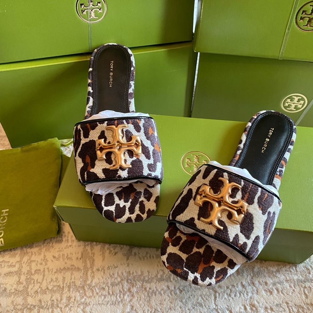 Tory Burch Eleanor Leopard Print Slide Sandals with Gold Logo